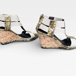 DONALD J PLINER Majio Tortoise Patent Croc Elastic Cork Open Toe Wedge Size 7 M